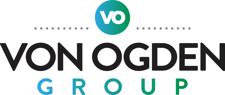 vonogden group logo black text with blue and green